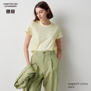 Uniqlo Linen Crew Neck Women T-Shirts Yellow US | EYUI-70239