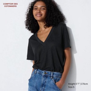 Uniqlo Linen V Neck Short Sleeved Women T-Shirts Black US | HAJX-26805