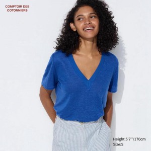 Uniqlo Linen V Neck Short Sleeved Women T-Shirts Blue US | AKPS-28140