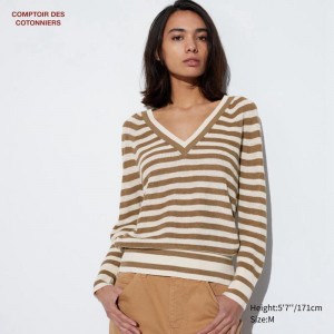 Uniqlo Linen V Neck Women Jumper Beige US | XDFE-81425