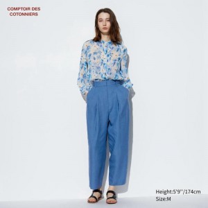 Uniqlo Lyocell Linen Blend Pleated Tapered Women Trousers Blue US | CVHP-61297