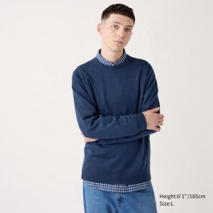 Uniqlo Merino Crew Neck Men Jumper Blue US | MKED-18795