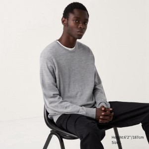 Uniqlo Merino Crew Neck Men Jumper Grey US | NKIT-13498