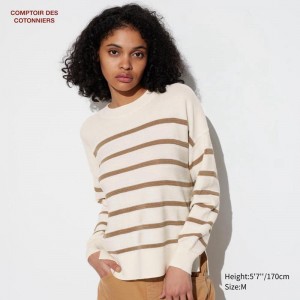 Uniqlo Merino Crew Neck (Stripe) Women Jumper Beige US | OIZC-32749