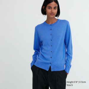 Uniqlo Merino Crew Neck Women Cardigans Blue US | TDOH-59041