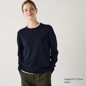 Uniqlo Merino Crew Neck Women Jumper Navy US | TZRS-23149