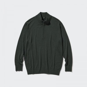 Uniqlo Merino Half-Zip Men Jumper Olive US | NVUX-97614