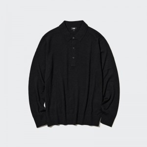 Uniqlo Merino Knit Men Polo Shirt Black US | WNKT-14857