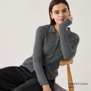 Uniqlo Merino Ribbed Polo Women Cardigans Grey US | VRBF-49320