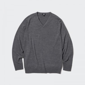 Uniqlo Merino V Neck Men Jumper Grey US | KVYH-19243