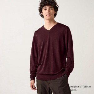 Uniqlo Merino V Neck Men Jumper Wine US | IZSE-50169