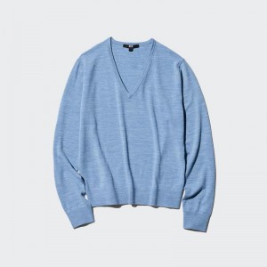 Uniqlo Merino V Neck Women Jumper Blue US | WYKC-58129