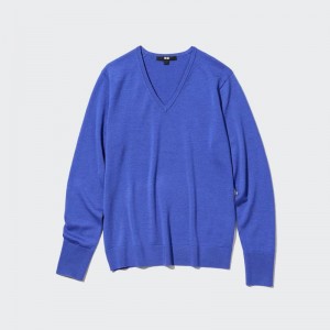 Uniqlo Merino V Neck Women Jumper Blue US | NOMD-28096