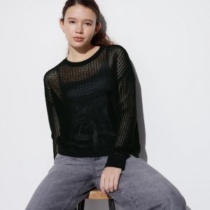 Uniqlo Mesh Crew Neck Women Jumper Black US | EMPZ-31960