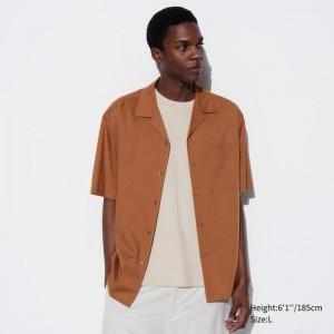 Uniqlo Modal Cotton Blend (Open Collar) Men Short Sleeve Shirts Brown US | AHKW-15027