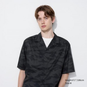 Uniqlo Modal Cotton Blend (Print, Open Collar) Men Short Sleeve Shirts Dark Grey US | TBPA-20735