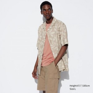 Uniqlo Modal Cotton Blend (Print, Open Collar) Men Short Sleeve Shirts Khaki US | TJVR-14035