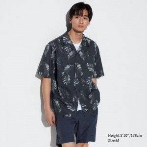 Uniqlo Modal Cotton Blend (Print, Open Collar) Men Short Sleeve Shirts Black US | FRCI-91762