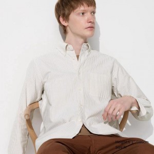 Uniqlo Oxford (Slim Fit, Stripe) Men Shirts Beige US | XVGB-12094