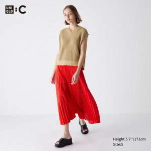 Uniqlo Pleated (Dots) Women Skirts Red US | XVFL-20478