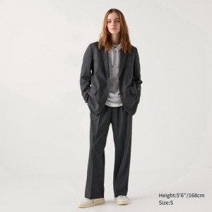 Uniqlo Pleated Wide (Check) Women Trousers Dark Grey US | HOXE-90268