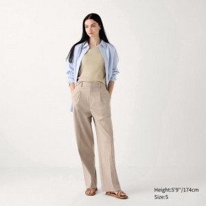 Uniqlo Pleated Wide (Long) Women Trousers Beige US | BYTF-62854