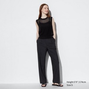 Uniqlo Pleated Wide (Long) Women Trousers Black US | ZYNG-04516