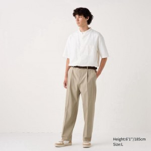 Uniqlo Pleated Wide Men Trousers Beige US | DGBZ-38206