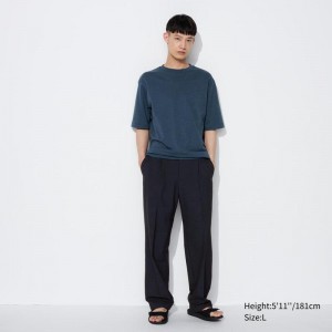 Uniqlo Pleated Wide Men Trousers Navy US | MEJO-48736