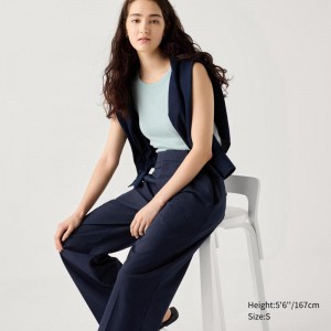 Uniqlo Pleated Wide (Stripe) Women Trousers Navy US | KGPT-06819