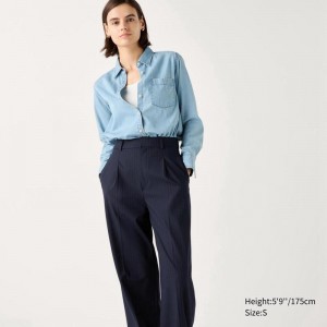 Uniqlo Pleated Wide (Striped, Long) Women Trousers Navy US | NGJA-96815