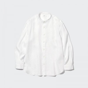 Uniqlo Premium Linen (Grandad Collar) Men Shirts White US | RBJU-14072