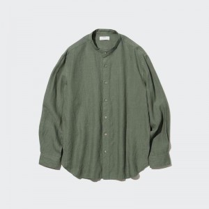 Uniqlo Premium Linen (Grandad Collar) Men Shirts Olive US | AECI-59627