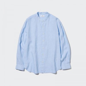 Uniqlo Premium Linen (Grandad Collar) Men Shirts Blue US | TVMG-94708