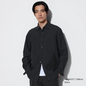 Uniqlo Premium Linen Men Shirts Black US | KFPE-47960