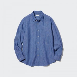 Uniqlo Premium Linen Men Shirts Blue US | IZJK-16027