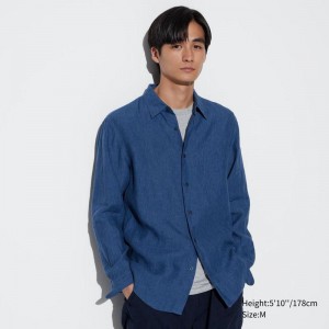 Uniqlo Premium Linen Men Shirts Blue US | TDVQ-72034