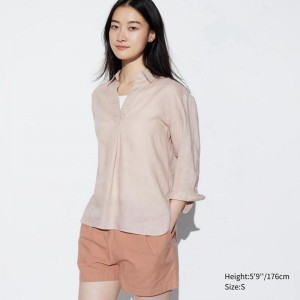 Uniqlo Premium Linen Skipper Collar (3/4 Sleeve) Women Shirts Beige US | IHVW-06827