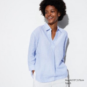 Uniqlo Premium Linen Skipper Collar (Stripe, 3/4 Sleeve) Women Shirts Light Blue US | TQGW-30796