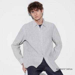 Uniqlo Premium Linen (Stripe) Men Shirts Grey US | VXMR-94053