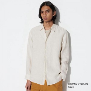 Uniqlo Premium Linen (Stripe) Men Shirts Natural US | VXLZ-93148