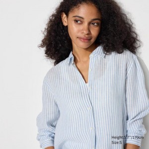 Uniqlo Premium Linen (Stripe) Women Shirts Blue US | CVAP-69130