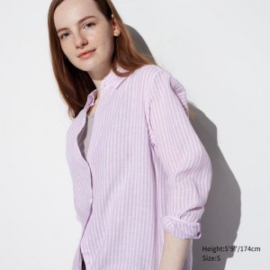 Uniqlo Premium Linen (Stripe) Women Shirts Purple US | VWTA-27395