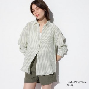 Uniqlo Premium Linen (Stripe) Women Shirts Green US | ZHRF-42076