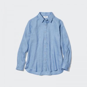 Uniqlo Premium Linen Women Shirts Blue US | WOZY-78604