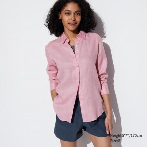 Uniqlo Premium Linen Women Shirts Pink US | DVSR-64719