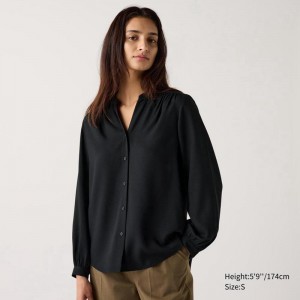 Uniqlo Rayon Gathered Women Blouse Black US | IONV-29437