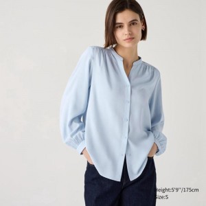 Uniqlo Rayon Gathered Women Blouse Blue US | IXOB-70926