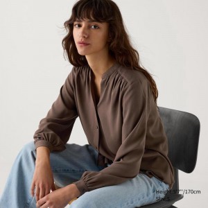 Uniqlo Rayon Gathered Women Blouse Brown US | APWE-56139