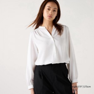 Uniqlo Rayon Gathered Women Blouse White US | TCQV-94612